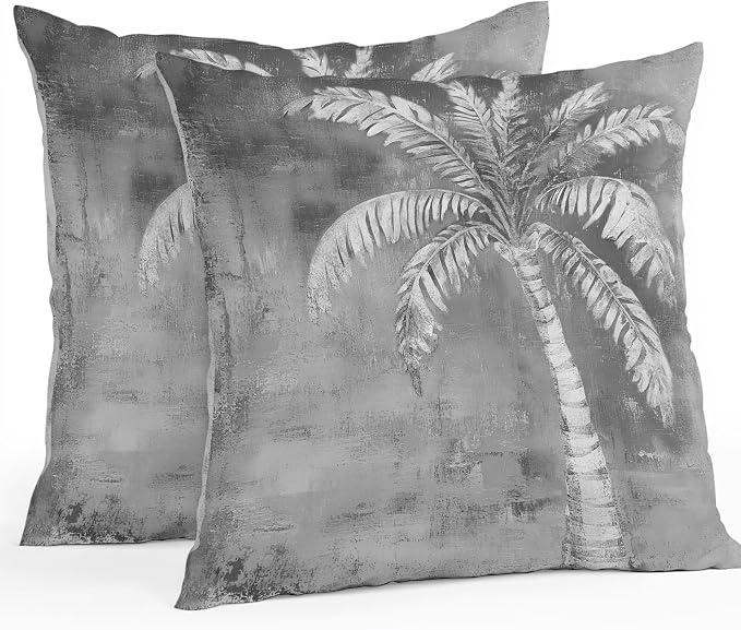 Coastal Beach Tree Grey Outdoor Waterproof Pillow Covers, Vintage Summer Palm Tree Decorative Square Throw Pillowcase, Tropical Botanical Sofa Cushion Sham for Patio/Couch/Chair, 18"x18" 2 Pack