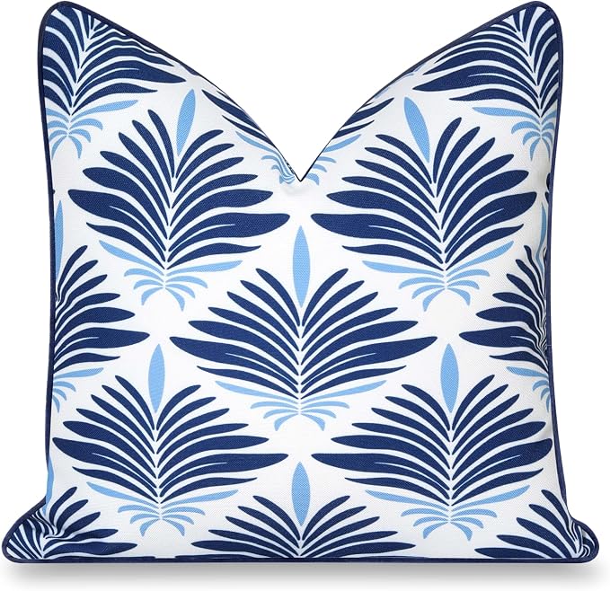 Hofdeco Premium Coastal Hampton Patio Indoor Outdoor Throw Pillow Cover Only, 20"x20" Water Repellent for Backyard, Couch, Poolside, Navy Blue Print Abstract Plam Leaves