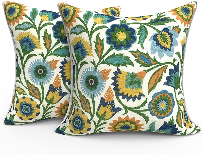 Outdoor Throw Pillow Covers Pack of 2, Decorative Water Repellent Square Pillow Cases with Piping 18x18 Inch, Fiesta Floral