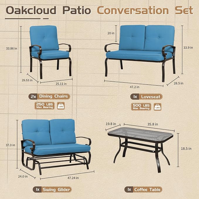 Oakcloud 5-Piece Outdoor Metal Furniture Sets Patio Conversation Set Wrought Iron Glider, 2 Single Chairs, Loveseat and Coffee Table, Peacock Blue