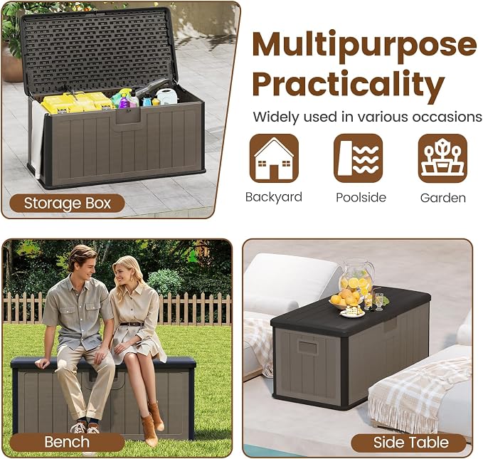 Giantex 100 Gallon Deck Box, Waterproof Resin Box with Lockable Lid, 440Lbs Outdoor HDPE Storage Container Bench for Patio Furniture Cushions, Pool Tools & Garden Accessories (Black+Brown)