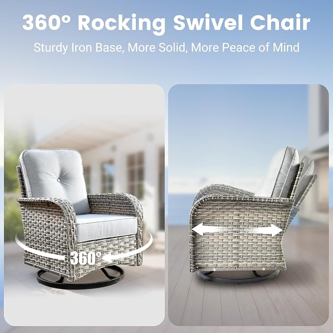 10 Pieces Patio Sectional Furniture Set, Outdoor Wicker Sectional Couch with High Back Swivel Rocker Chairs Solar Lights Table, Modern Conversation Set for Porch Balcony Backyard, Gray