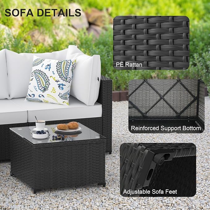Patio Furniture Set, 6PCS Patio Sectional w/ Fire Pit Tabel Ottoman Wicker Rattan Outdoor Furniture with Thickened Cushion Modular Wicker Patio Conversation Set with Glass Top Table for Balcony(White)
