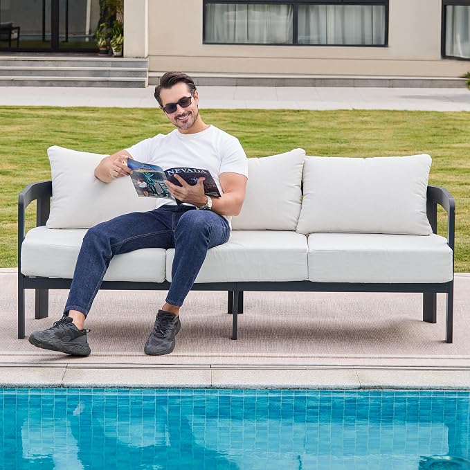 Outdoor Patio Sofa, 3-Seat All-Weather Metal Modern Couch with Washable Thick Cushion for Garden/Backyard/Porch, White