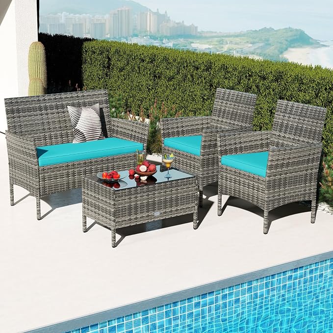 RELAX4LIFE 4-Piece Patio Furniture Set - Rattan Outdoor Conversation Bistro Set w/Cushions, Glass Coffee Table, Wicker Chairs & Loveseat for Garden Backyard Porch Balcony (1, Mix Grey-Turquoise)