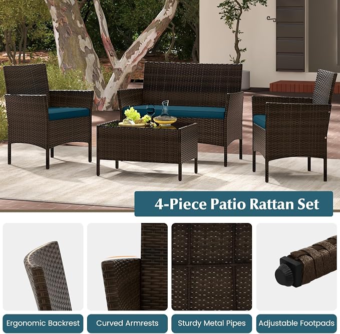 Tangkula 8 Piece Patio Rattan Conversation Set, Outdoor Wicker Furniture Set with Chair, Loveseat & Tempered Glass Table, Cozy Seat Cushions, Outside Sectional Sofa Set for Backyard (2, Peacock Blue)