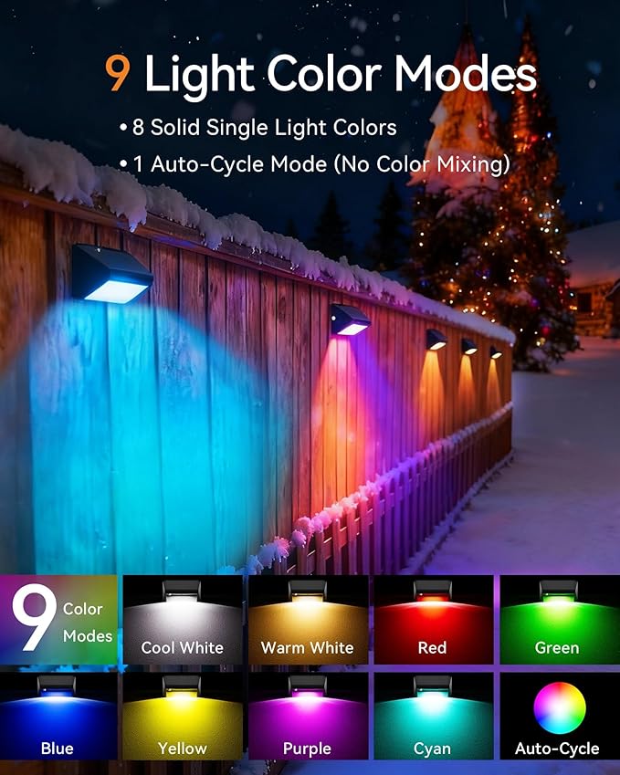 Solar Fence Lights Outdoor, 16 Pack Ultra-Bright 100 Lumens Fence Lights Solar Powered, IP65 Waterproof, 9 Color Modes, 12+ Hours Lighting Decor for Backyard/Patio/Deck/Wall/Pool