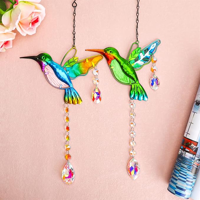 2PCS 18.1" Hummingbird Suncatchers,Stained Glass Window Hanging Ornament | Rainbow Maker Crystal Prism Suncatcher, Window Hanging Ornament, Indoor & Outdoor Home Garden Decor