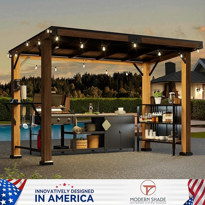 Modern Shade Woodberry Grill Gazebo 6' X 12', Cedar Wood Gazebo with Dual bar Tops & Shelves, Patio Bar with Galvanized Steel Roof, Outdoor Pavilion with USB and USB-C Charging Ports for Backyard