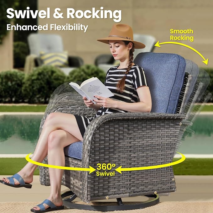 ovios 5-Piece Patio Furniture Set, Outdoor Wicker Sofa with Swivel Chairs Coffee Table, High Back Rattan Couch Loveseat with Comfy Cushions for Porch Yard Deck, Denim Blue