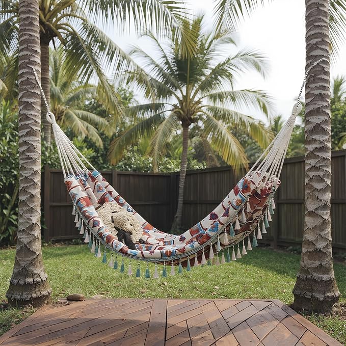 Double Boho Macrame Hammock with Tassels, Portable Patio Hammock with Carry Bag for Poolside, Camping, Porch Patio, Bedroom, Balcony, Outdoor＆Indoor（59''*79''）