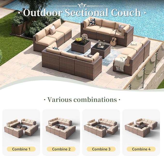 14 Piece Wicker Rattan Patio Furniture Set with Outdoor Sectional Sofa, Modular Conversation Seating, Coffee Table and Thick Cushions, PE Wicker Lounge Set for Deck, Garden, Backyard, Porch or Poolsid