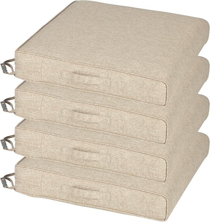 Aoodor Patio Chair Cushions Set of 4, 23 x 26 x 4 Inch Water Resistant Outdoor Seat Cushions with Handle and Ties, Square Corner Cushions for Patio Furniture Garden Lawn, Brown