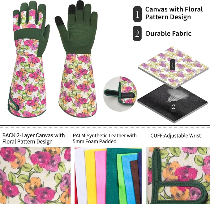Thornproof Rose&Cactus Gardening Gloves,Gauntlet Garden Glove,Gifts | Canvas,Cute Floral Pattern,Leather Palm,Touchscreen,Durable Material,Garden Gift,Men&Women,Machine Washable,Adjustable Cuff