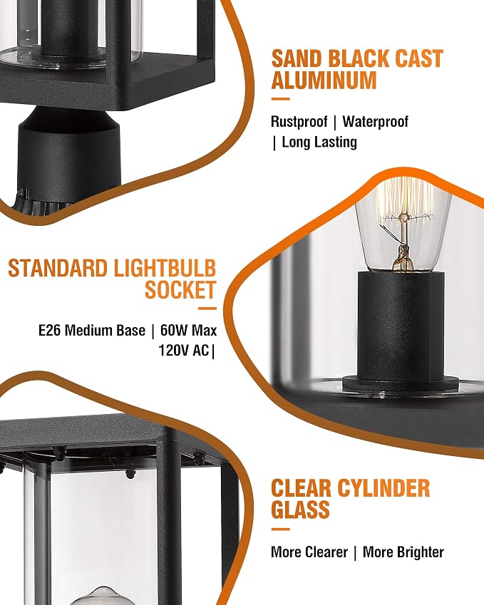 Beionxii Outdoor Post Lantern, 20inch Large Modern Lamp Post Light Fixture Exterior Pillar Lights with Pier Mount Base, Black Cast Aluminum w/Clear Cylinder Glass - A291P-2PK (NOT Solar, 110-120V AC)