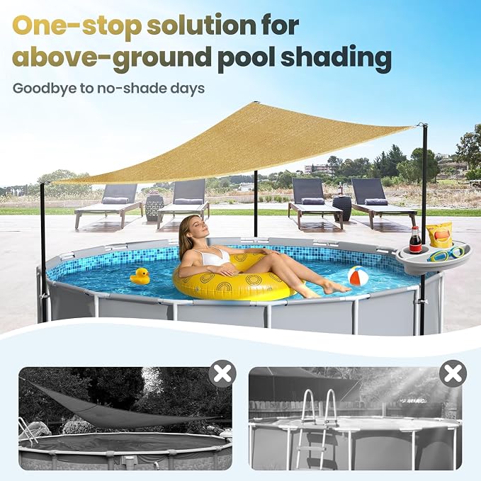 Above Ground Pool Shade Set with Storage Tray – UV-Resistant Shade Sail for 15-22 Ft Pools, Outdoor Triangular Canopy with Sun Shade Poles for Deck, Backyard & Pool Essentials (13x13x13 Ft)