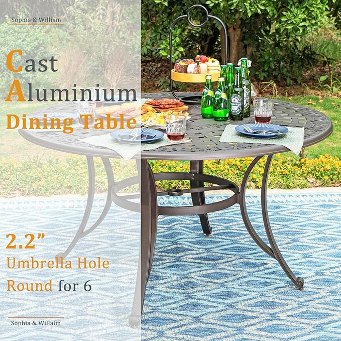 Sophia & William Outdoor Dining Table 6-Person Round Cast Aluminium, Patio Bistro Table with 2.2" Umbrella Hole for Porch Backyard, Bronze