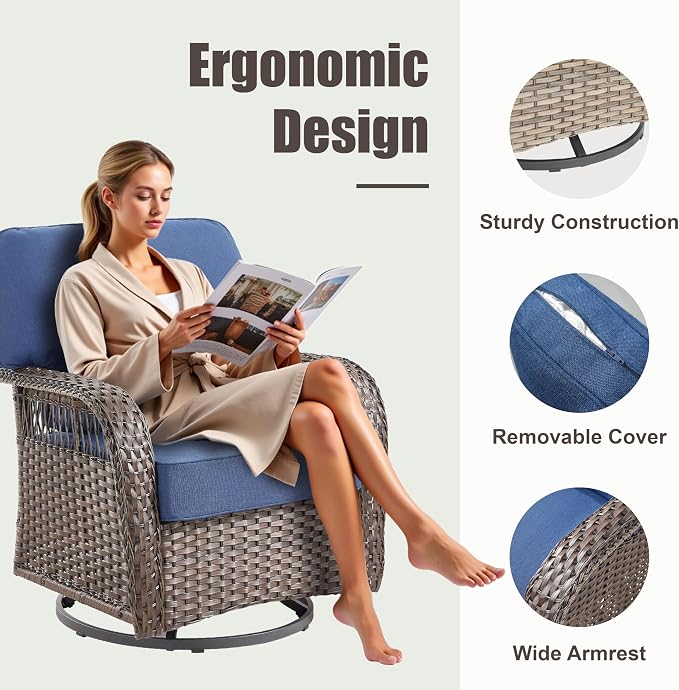 3 Pieces Patio Furniture Set with Swivel Chairs, All Weather Patio Wicker Chairs Swivel Rocker Rattan Side Table, High Back Outdoor Seating Furniture for Deck Porch Garden Yard, Blue