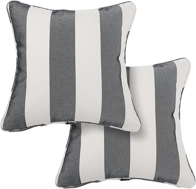 Outdoor Throw Pillow with Insert 18x18 Inch, Set of 2, Piping Edge Waterproof Fade Resistant Decorative Fluffy Pillows for Patio Furniture Chair Bench Couch Sofa - Black Ivory Striped