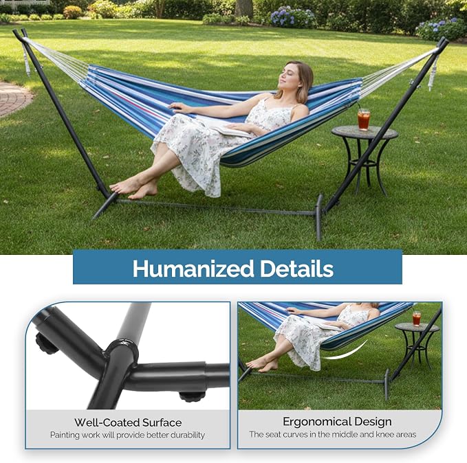 Double Hammocks with Stand for Outside,9FT Hammocks with Carrying Bag for 2 Person,Portable Space Saving Heavy-Duty Steel Stand for Indoor Outdoor Patio Yard,Easy Assembly (Blue & Purple)