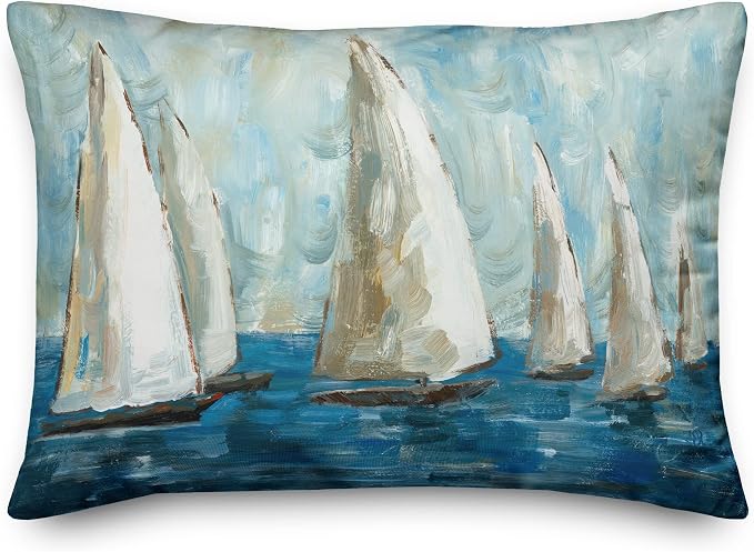 Painted Sailboats Indoor/Outdoor Pillow | Decorative Pillows for Living Room Couch Bed Sofa Patio, Fluffy Soft Cushion | Water Resistant Multi, 14x20