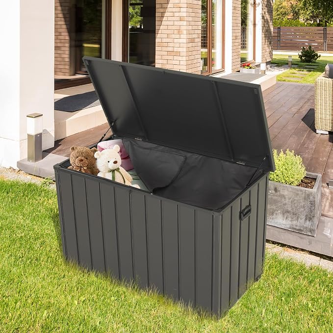Outdoor Storage Box, Deck Box, Metal Patio Storage Box, 100 Gallon Outdoor Storage Bin with Oxford Fabric Bag, Lockable Lid, Soft Close, Wheels, Gray
