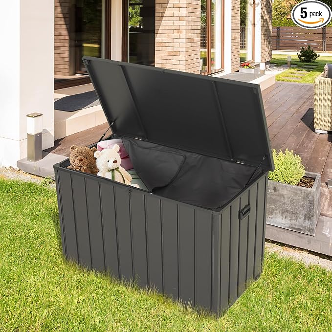 100 Gallon Outdoor Storage Box, Waterproof Steel Deck Box with Oxford Fabric Storage Bag, Large Patio Storage Bin for Outside Cushions Throw Pillows Garden Tools Lockable Storage Container, Dark Grey