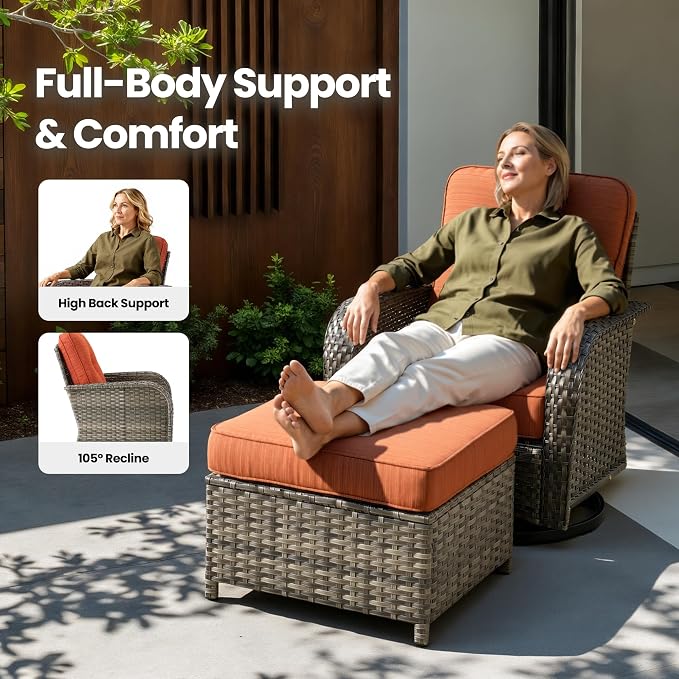 5 Piece Wicker Patio Furniture with Swivel Rocker Chair, Orange | High Back Swivel Rocker Chairs, All Weather Rattan Outdoor Sofa, Solar Lights Table, Modern Conversation Sets, Deck Backyard