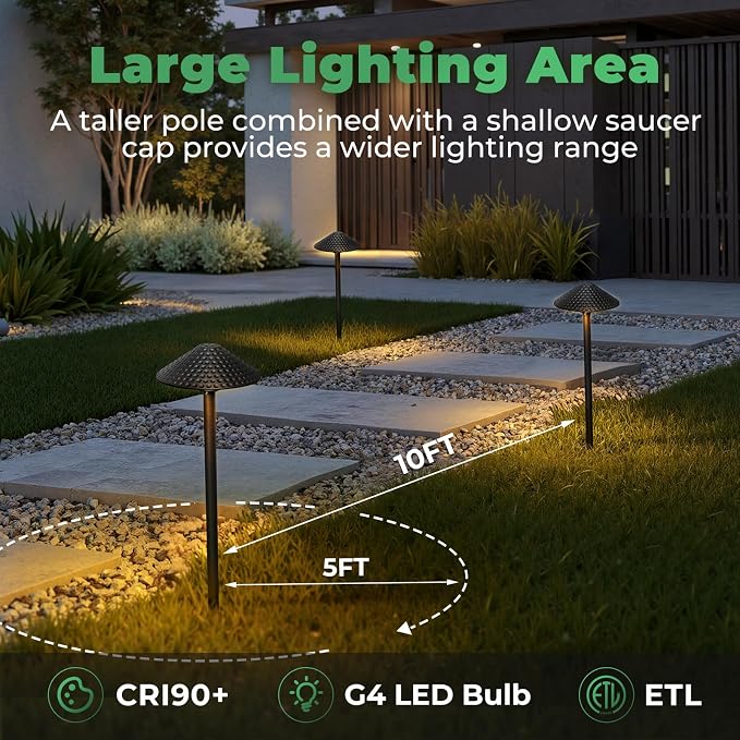 Low Voltage Pathway Lights (6.69'' Shade, 21.54'' Tall) 12V Outdoor LED Landscape Pathway Lighting Aluminum Vintage Hammered Path Lights with 4W 2700K Replaceable Bulb, 4 Pack