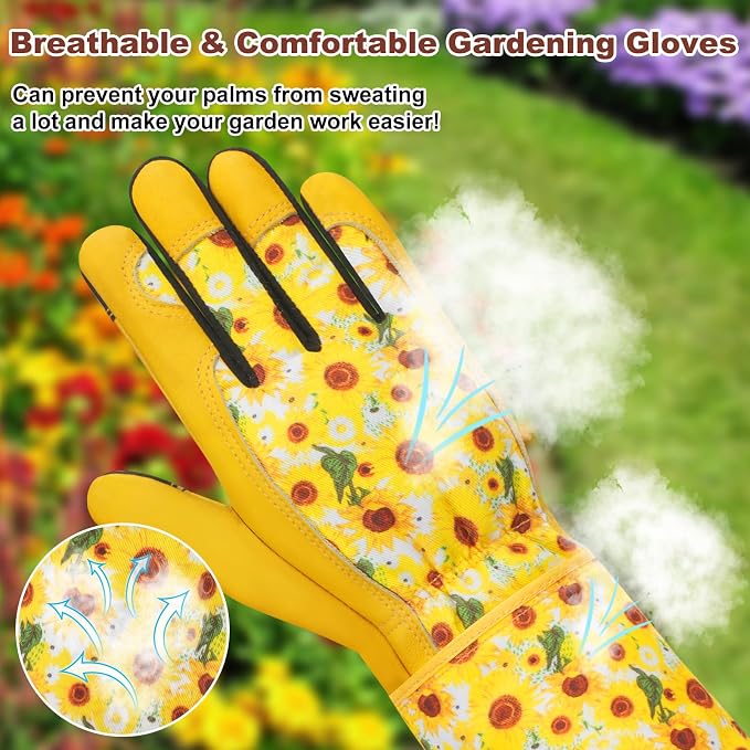 DLY Garden Gloves for Women,Gardening Gloves,Garden Gift for Lady,Yellow,S | Thornproof Cowhide Palm, Foam-Padded Grip, Long Yellow Sunflower Print Cuff, 3-Finger Touchscreen, Pruning,Weeding Yard Work