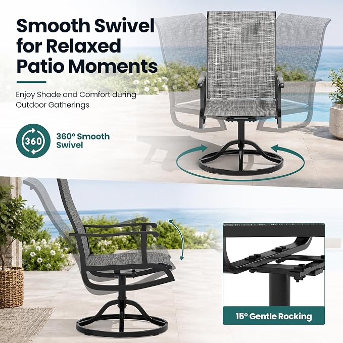 Pamapic 5-Piece Outdoor Dining Set, All Weather Patio Table and Chairs Set with Umbrella Hole, Wood-Like Metal Table and 4 360° Swivel Textilene Chairs for Backyard, Poolside, Deck, Porch, Grey