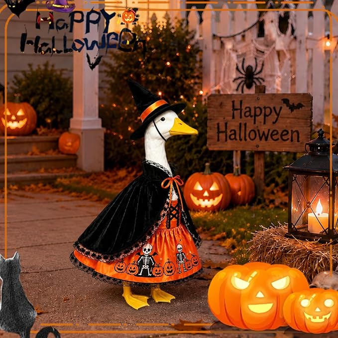 Halloween Porch Goose Outfits 3 Pcs Geese Outfit Outdoor Garden Statue | Ghost Cape Pumpkin Dress Witch Hat Set Cute Gooses Set Goose Clothes for Halloween Patio Yard Decor