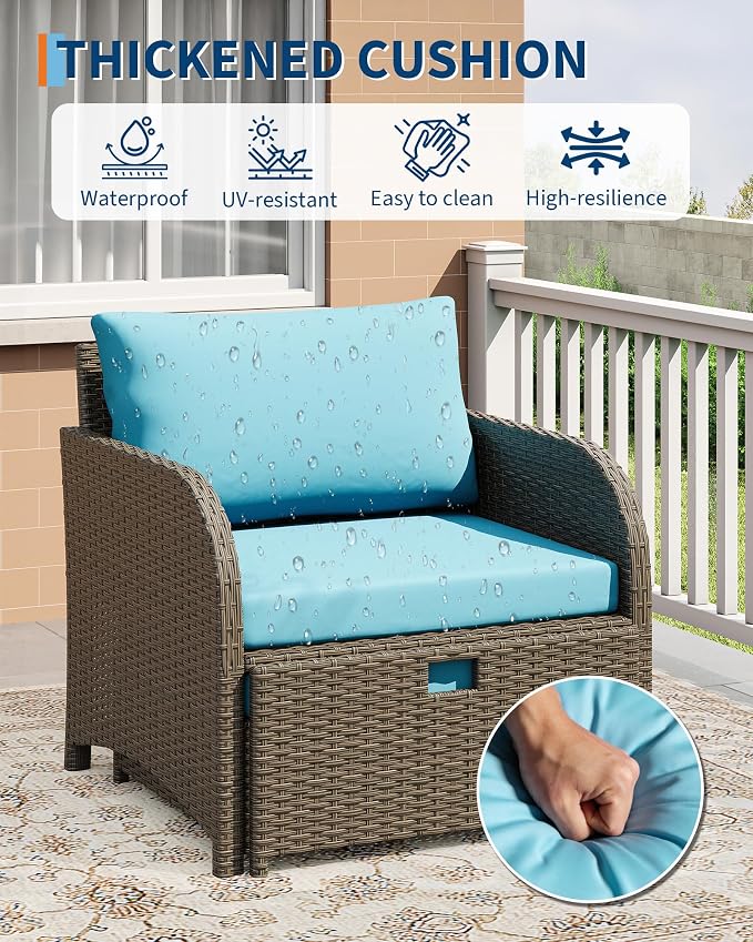 Garvee Patio Furniture Set, 5-Piece PE Rattan Wicker Outdoor Seating Set with Ottomans and Glass Tabletop, All-Weather Conversation Furniture for Garden Balcony