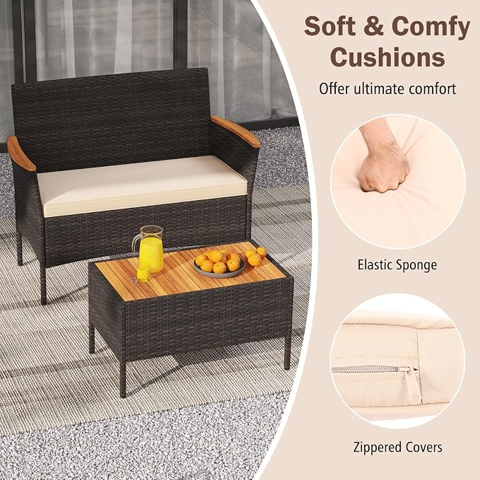 Tangkula 4 Pieces Patio Wicker Sofa Set, 2 Rattan Chairs & Loveseat w/Coffee Table, Acacia Wood Armrests & Tabletop, Outdoor Cushioned Conversation Set for Backyard, Poolside (Beige, 4 Pieces)