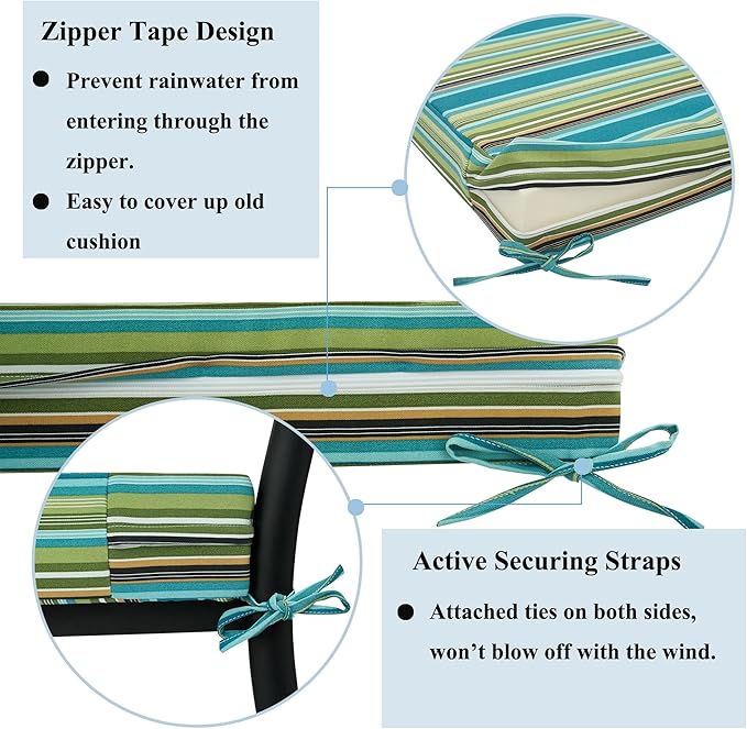 FUNHOME Patio Cushion Covers 22 x 20 x 4 Inch, No Insert! 2 Pack Water Repellent Outdoor Chair Seat Cushion Slip Covers with Zipper and Tie, Replacement Cover Only(Green Stripe)