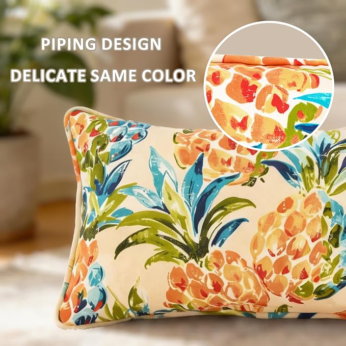 outdoor lumbar pillows 12x20 throw pillow set of 4 Fade Resistant&Water Resistant decorative lumbar pillows for Patio,Garden,Couch,Furniture,Sofa,Bed,Living Room,Tropical Tangerine Pineapple