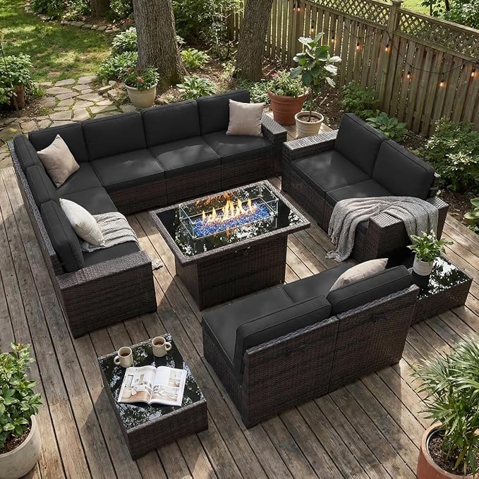 LayinSun 13 Pieces Outdoor Patio Furniture Set with 44" Fire Pit Table Brown Rattan Sectional Sofa Conversation Sets