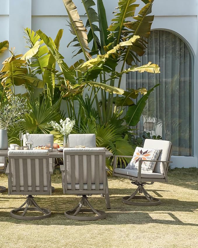 7 Pieces Outdoor Dining Set, Never-Rust Aluminum Patio Swivel Dining Set with Umbrella Hole, 360° Rotation Outdoor Patio Furniture Set, 6 Swivel Chairs and Table for Garden, Pool, Limed Oak
