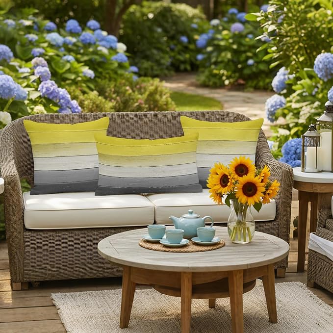 Yellow Gray Outdoor Pillow Covers 26x26 Inch Throw Pillow Covers Set of 2 Waterproof Decorative Pillow Cases Country Vintage Abstract Gradient Wooden Cushion Covers for Patio Furniture Garden Couch