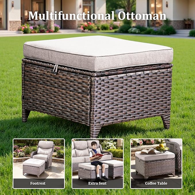 3 Pieces Patio Sofa Set with 6" Thick Cushions, High Back Wicker Sectional Outdoor Sofa with Ottomans, Outdoor Seating Furniture High Back Conversation Set for Balcony Deck Porch Backyard, Brown/Beige