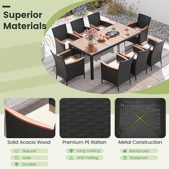 COSTWAY 9-Piece Patio Dining Set for 8, Outdoor Rattan Wicker Table and Chairs Furniture Set with Umbrella Hole, Acacia Wood Tabletop for Backyard, Balcony, Poolside, Black & Beige