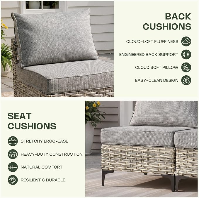 11 Piece Patio Furniture Set Outdoor Sectional with 54" Fire Pit Table, Wicker Swivel Rocking Chairs and L-Shaped Rattan Couch, Modular Conversation Set with Solar Coffee Table for Backyard, Dark Gray