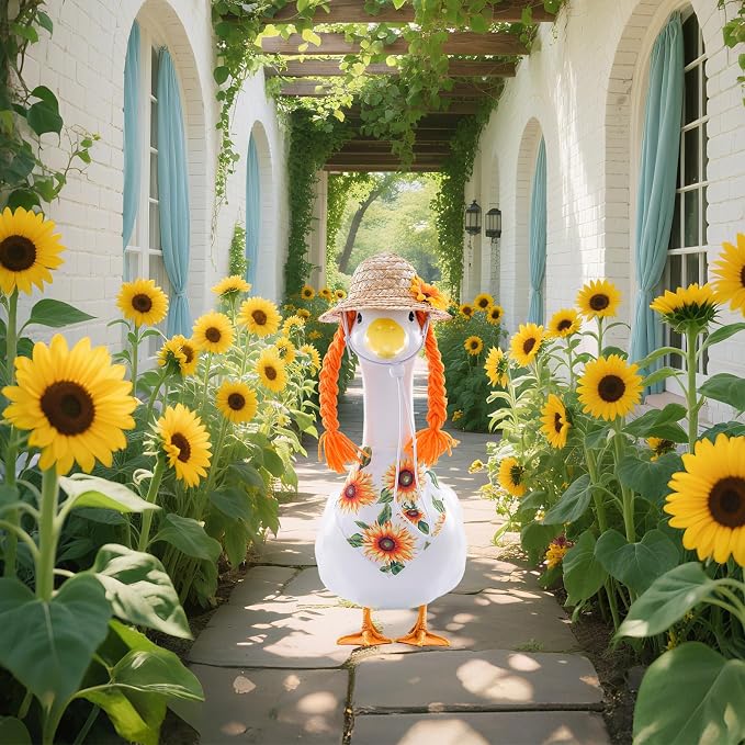 Sunflower Outfit for Porch Goose - 2Pcs Summer Goose Clothes with Yellow Floral Hat & Bib Accessories for 23” Cement or Plastic Gooses Statue, Garden Lawn Porch Decoration