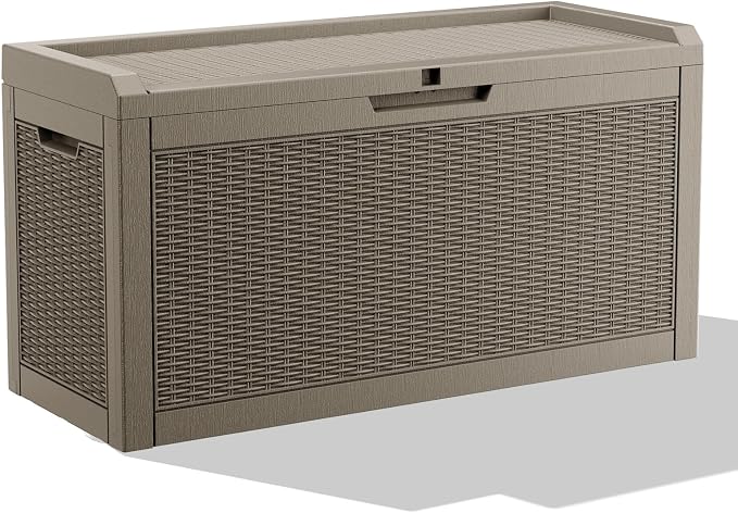 70 Gallon Outdoor Deck Box, Resin Waterproof Storage Box With Lockable Lid, UV-Resistant Multi-Purpose Outdoor Storage Bench for Patio Cushions, Garden Tools, Pool Accessories (70 Gallon, Grey)