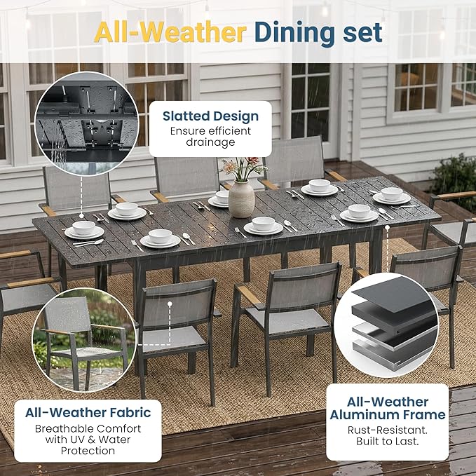 RoyalCraft Aluminum Outdoor Patio Table and Chairs Set with 91.7" L-62 L Expandable Dining Table, 9-Pieces Patio Furniture Set for 8, Outdoor Dining Set with Stackable Quick Drying Chairs, Grey