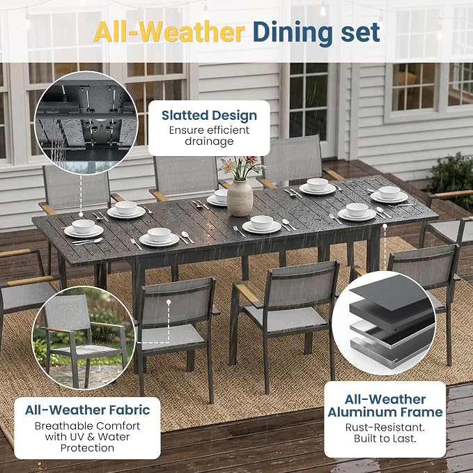 Wisteria Lane Aluminum Outdoor Patio Table and Chairs Set with 91.7" L-62 L Expandable Dining Table, 9-Pieces Outdoor Dining Set for 8, Patio Furniture Set with Stackable Quick Drying Chairs, Grey