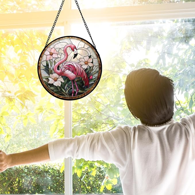 DASTOLL Stained Glass Window Hanging, Flamingo Flower Sun Catchers Diamond Glass Panel Hangings Pink Suncatcher Decor for Birthday for Women, Men, Wife, Aunt, and Mom 6.3 in