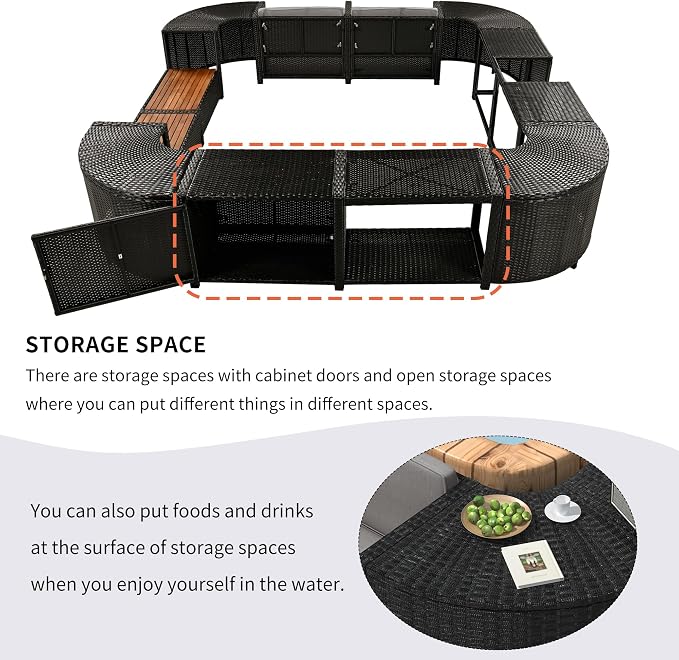 LUMISOL Patio Furniture Set, Spa Surround Outdoor Rattan Sofa Set with Wooden Seats and Storage Spaces, Quadrilateral Patio Sofa Set with Spa Surround Tub Frame for Patio, Backyard, Grey