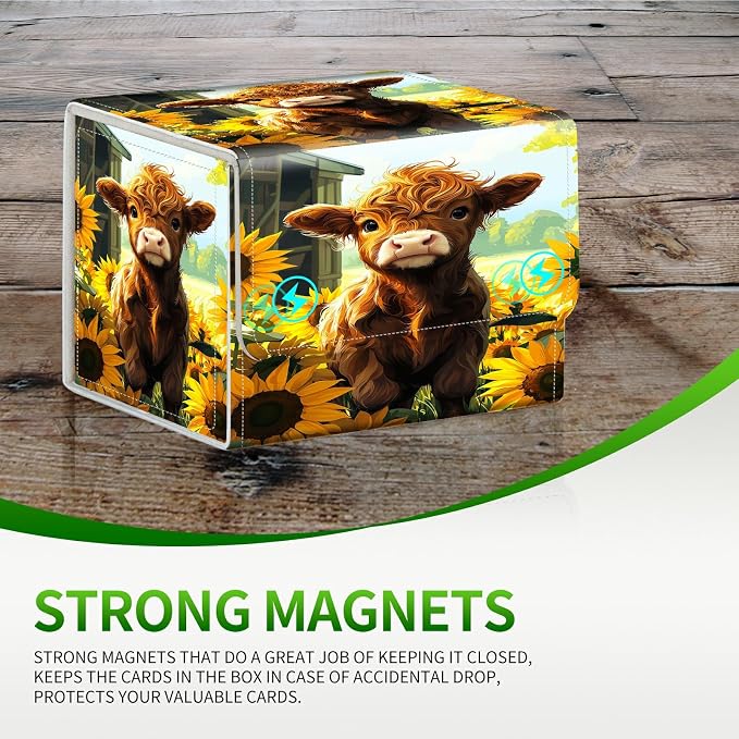 Card Deck Box for MTG, Cards Storage Box Fits 120+ Sleeved, Leather Small Size Strong Magnetic Closing Card Case for Board Games Magic TCG CCG Baseball Collection, Sunflower Baby Cow