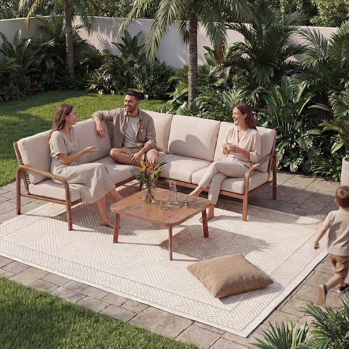 Aluminum Patio Furniture Set with Coffee Table, 4 Pieces Outdoor Couch Sectional, L Shaped Patio Sofa, Outdoor Seating Conversation Set,Beige